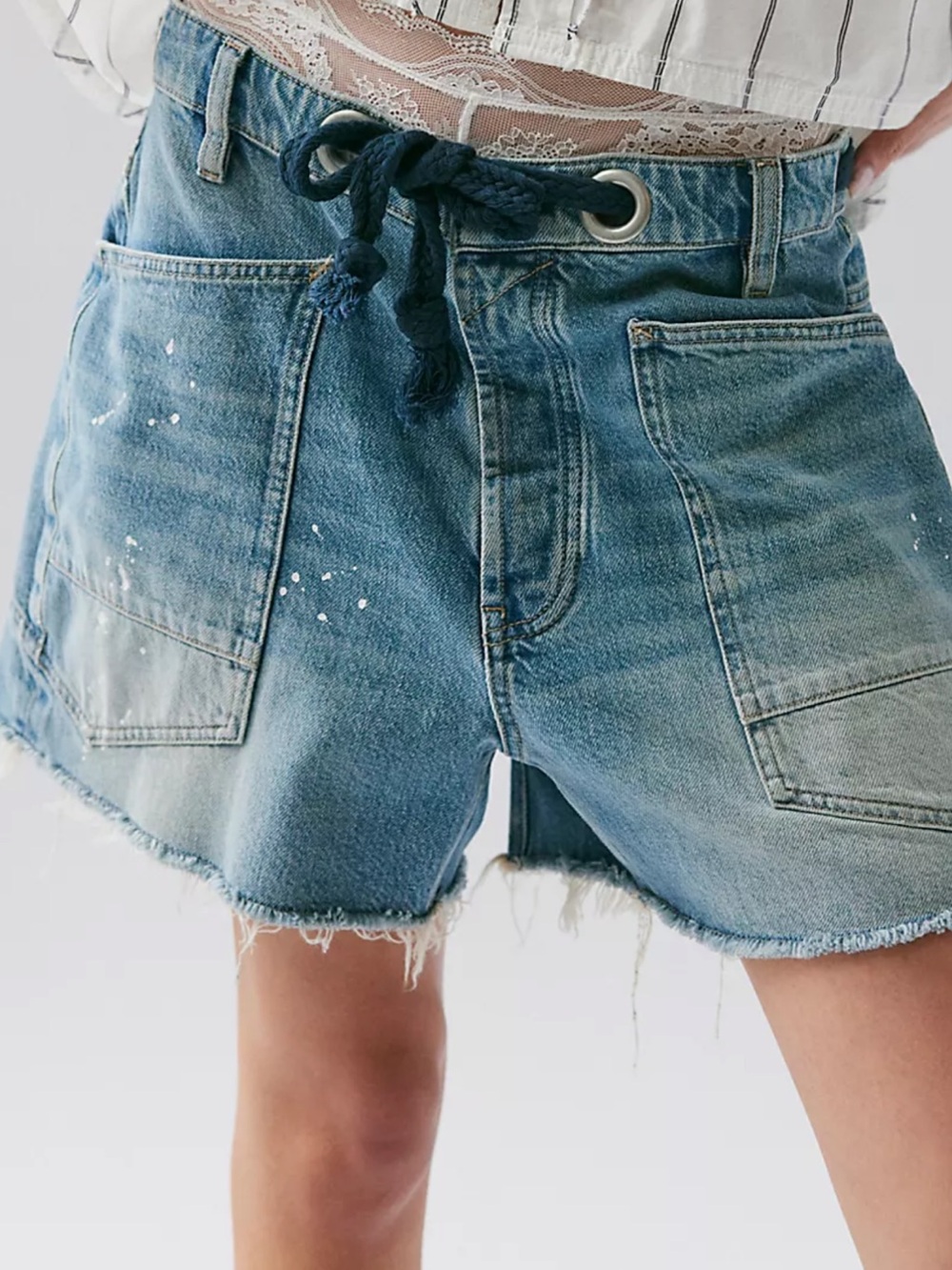 NWT Free People Moxie Barrel Timeless Blue Drawstring Denim Shorts